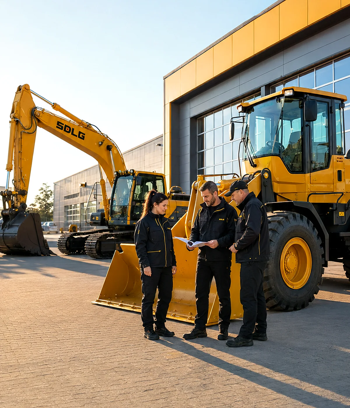 Команда офіційного дилера EX біля будівельної техніки SDLG