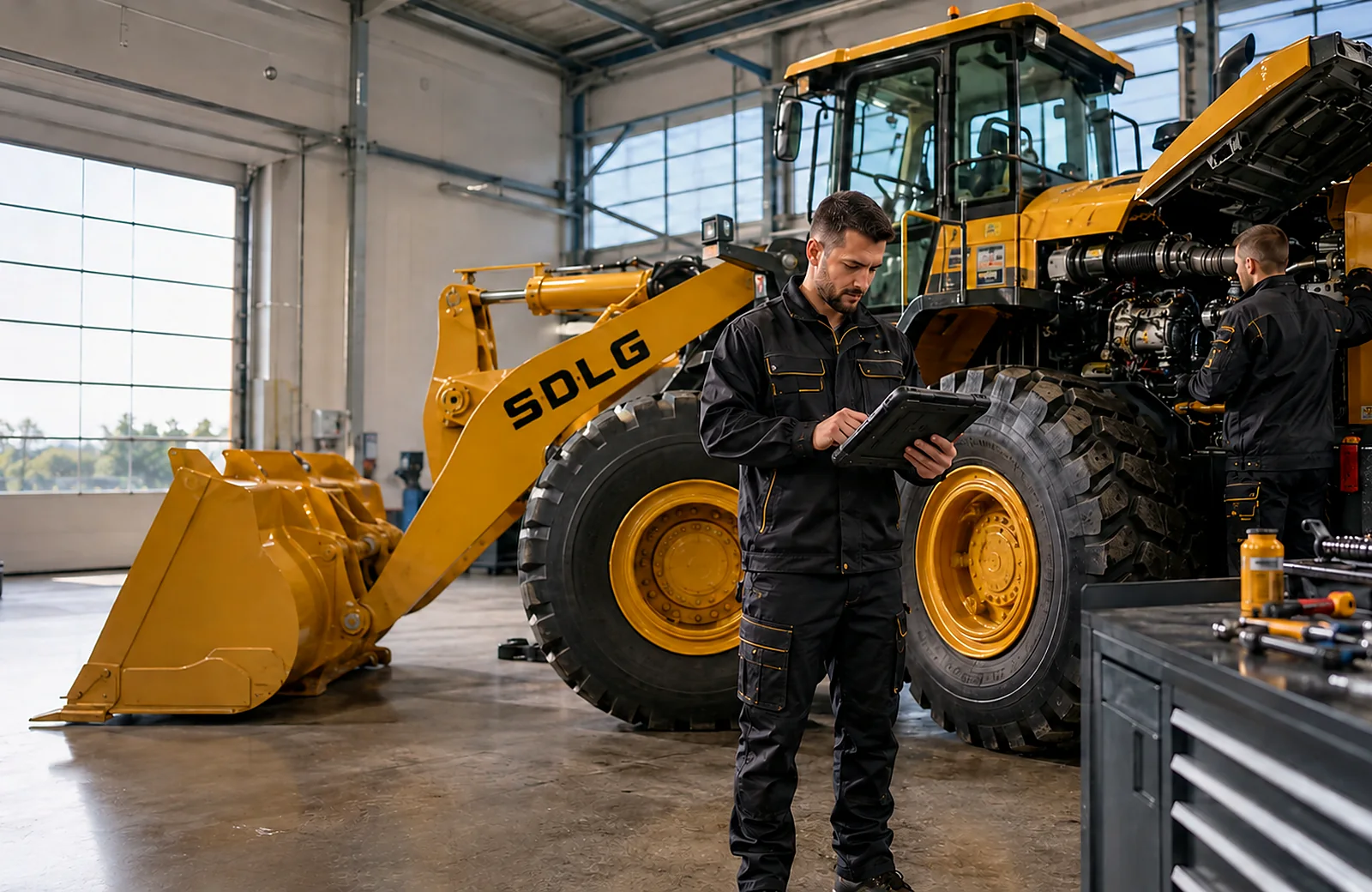 Механіки EX виконують діагностику фронтального навантажувача SDLG у сервісному центрі