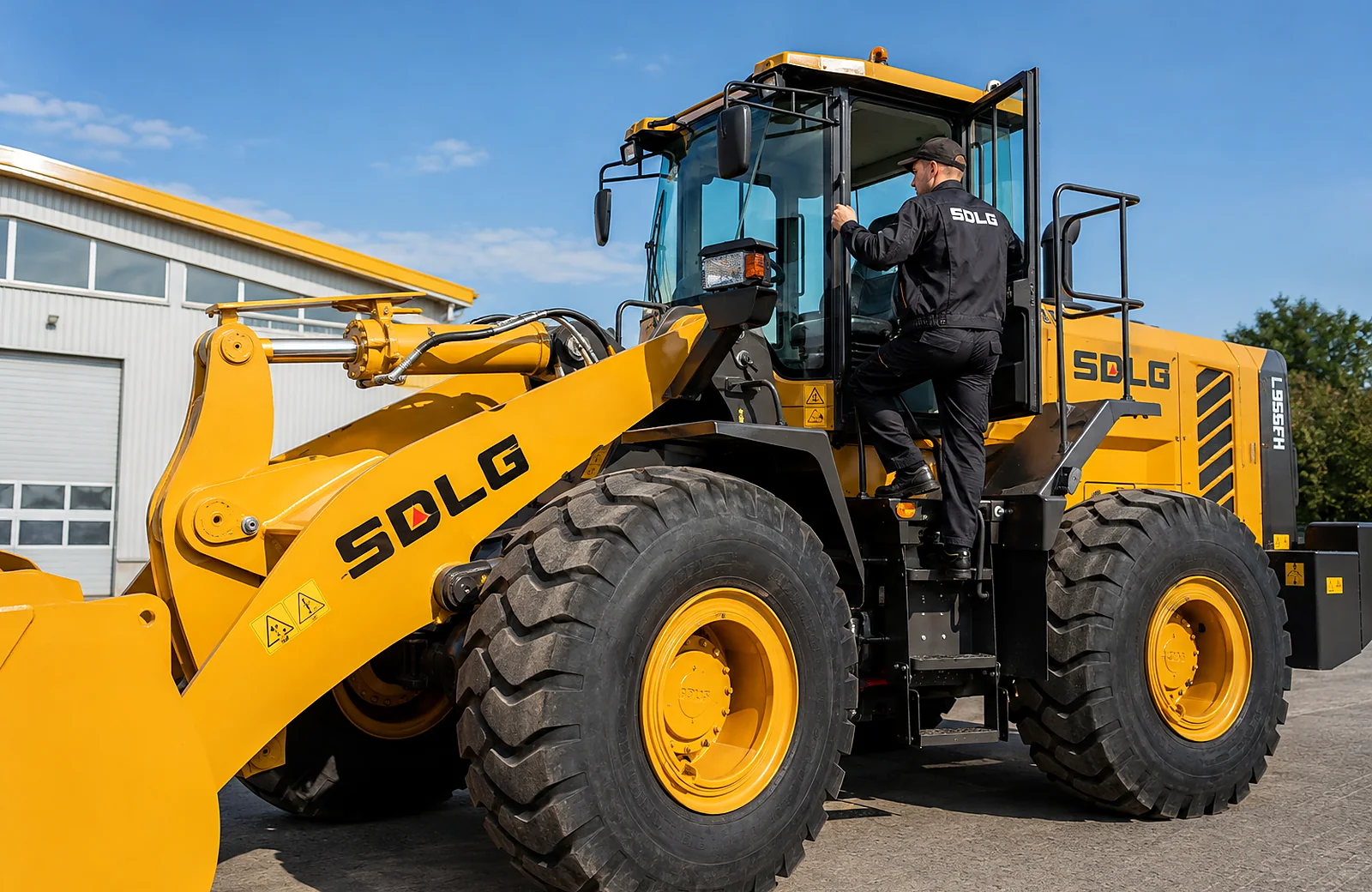 Оператор піднімається в кабіну фронтального навантажувача SDLG
